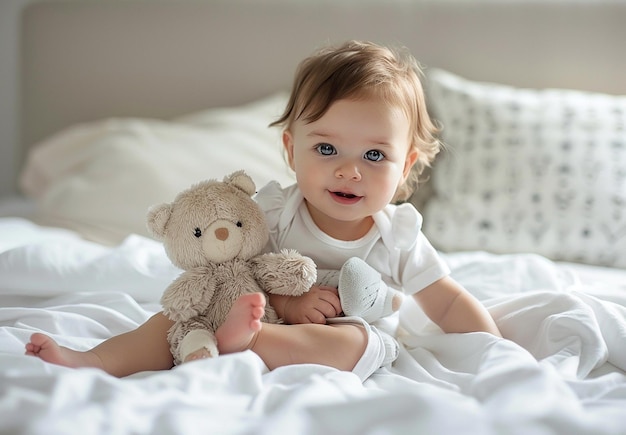 Photo portrait of a baby playing with a wooden toys in playroom kindergarten