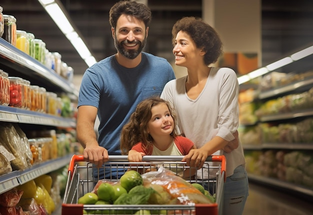 Photo portrait of beautiful lovely family doing shopping together in supermarket