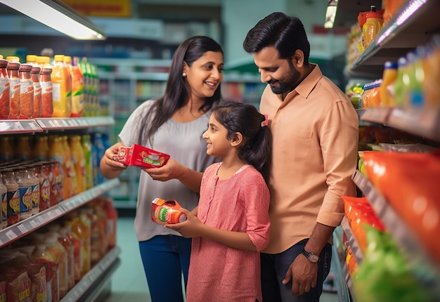 Photo portrait of beautiful lovely family doing shopping together in supermarket