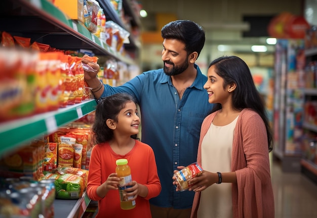 Photo portrait of beautiful lovely family doing shopping together in supermarket