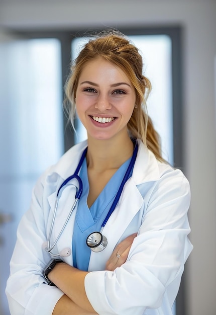 Photo portrait of beautiful young female doctor looking at camera