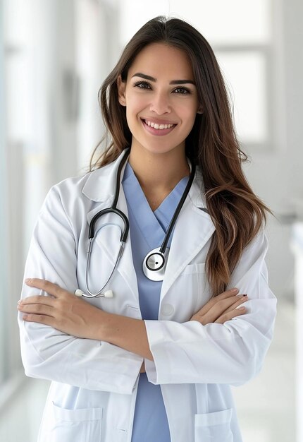 Photo portrait of beautiful young female doctor looking at camera