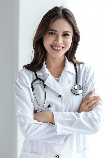 Photo portrait of beautiful young female doctor looking at camera