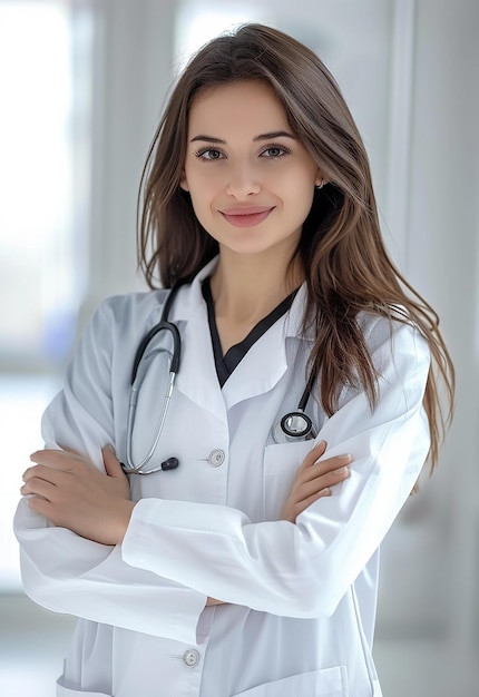 Photo portrait of beautiful young female doctor looking at camera