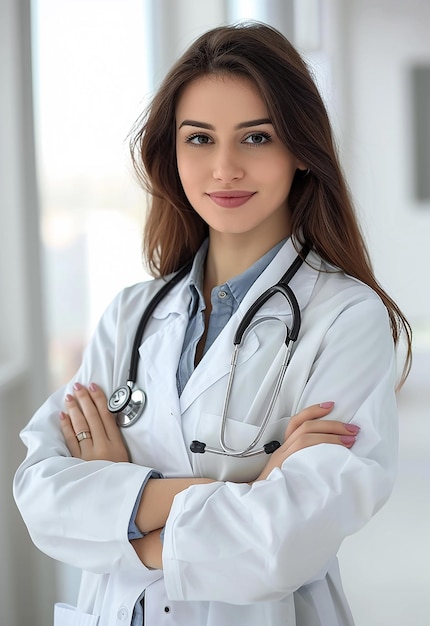 Photo portrait of beautiful young female doctor looking at camera