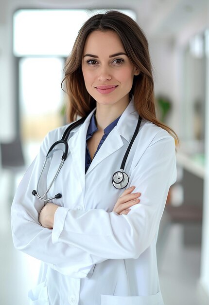 Photo portrait of beautiful young female doctor looking at camera