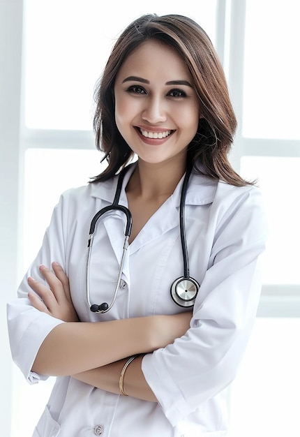 Photo portrait of beautiful young female doctor looking at camera