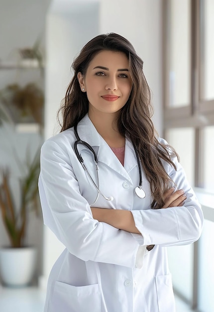 Photo portrait of beautiful young female doctor looking at camera