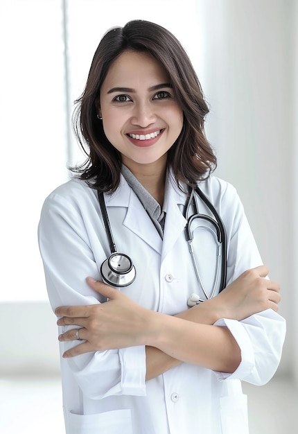 Photo portrait of beautiful young female doctor looking at camera