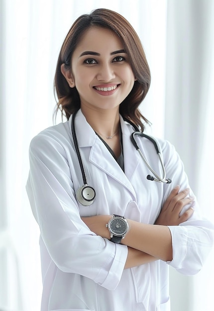 Photo portrait of beautiful young female doctor looking at camera