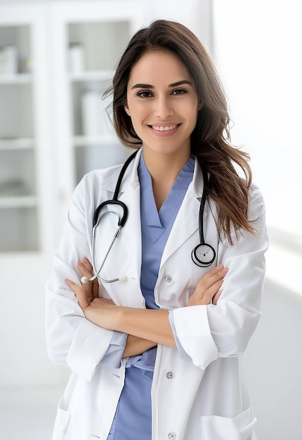 Photo portrait of beautiful young female doctor looking at camera