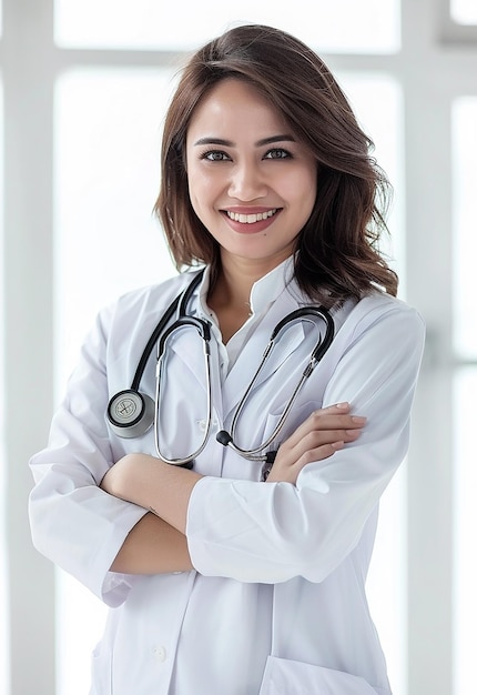 Photo portrait of beautiful young female doctor looking at camera