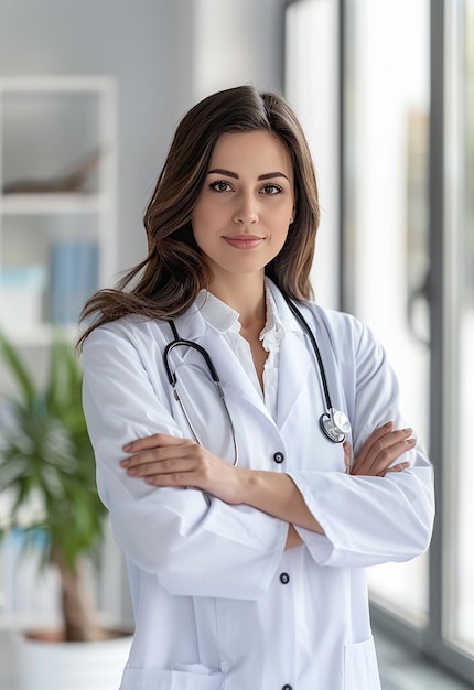 Photo portrait of beautiful young female doctor looking at camera