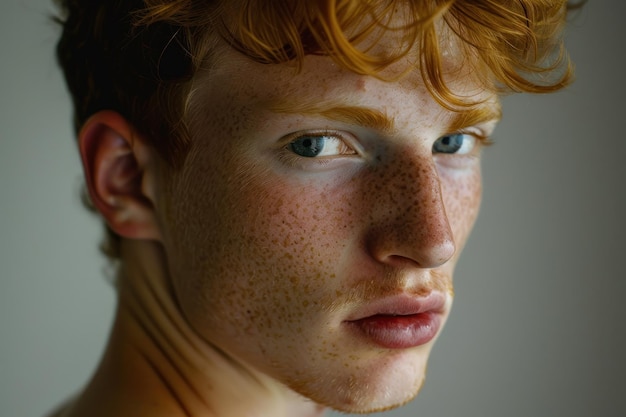 Photo a photo portrait in candid realism portrays a guy with distinctive freckles on his face