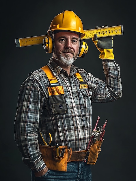 Photo photo portrait of a confident construction worker wearing safety gear and holding a measuring tape