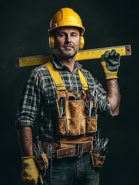 Photo photo portrait of a confident construction worker wearing safety gear and holding a measuring tape