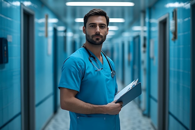 Photo Portrait of Confident Nurse in blue Coat with Stethoscope