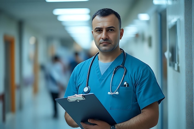 Photo Portrait of Confident Nurse in blue Coat with Stethoscope