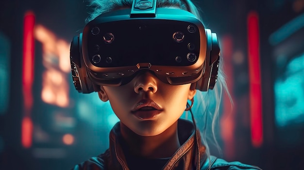 Photo portrait cyberpunk woman on the isolated blurred background cyborg character wearing virtual reality goggles generat ai