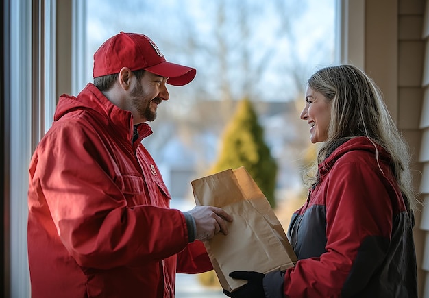 Photo photo portrait of delivery man courier boy handover his parcel to customer