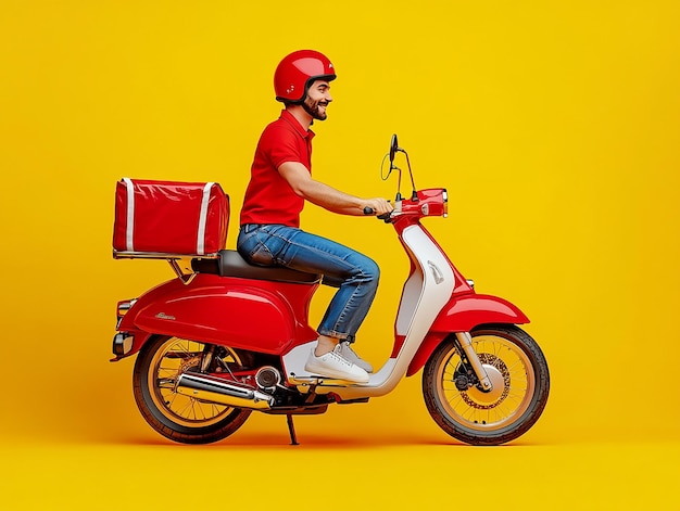 Photo photo portrait of a delivery rider man courier boy on a scooter against vibrant yellow background