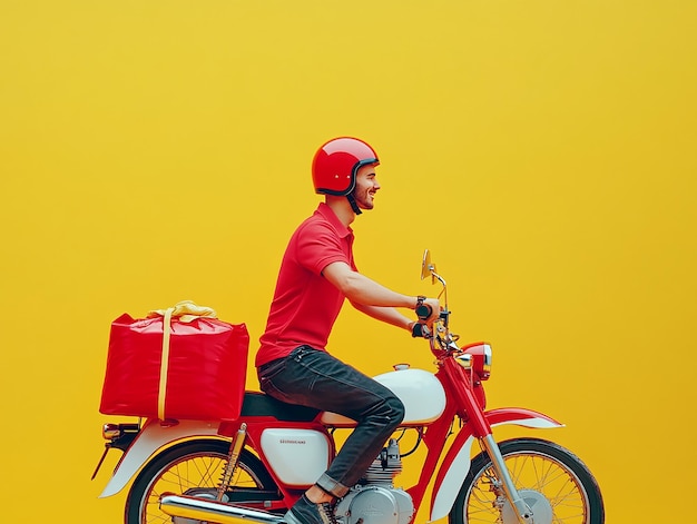 Photo photo portrait of a delivery rider man courier boy on a scooter against vibrant yellow background