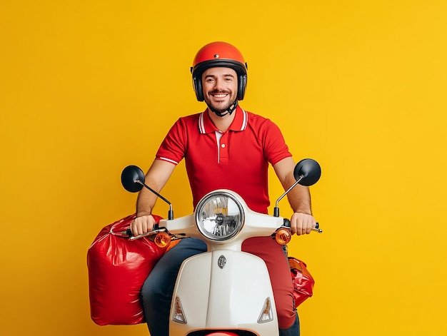 Photo photo portrait of a delivery rider man courier boy on a scooter against vibrant yellow background