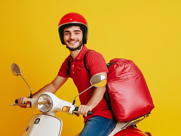 Photo photo portrait of a delivery rider man courier boy on a scooter against vibrant yellow background