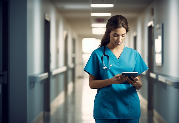 Photo Portrait of doctor with a stethoscope and using a tab computer