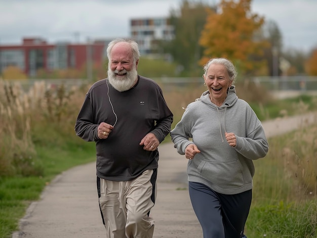 Photo photo portrait of an elderly couple jogging together in a park