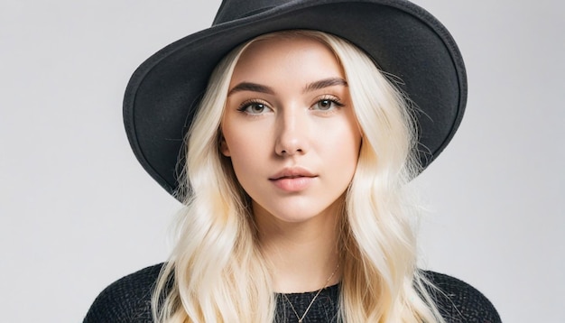 Photo portrait fashion blonde smiling young girl wearing hat