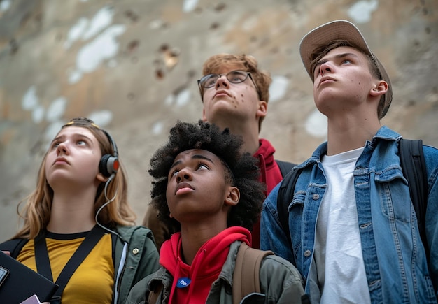 Photo photo portrait of a focused group of teenagers exploring an indoor space