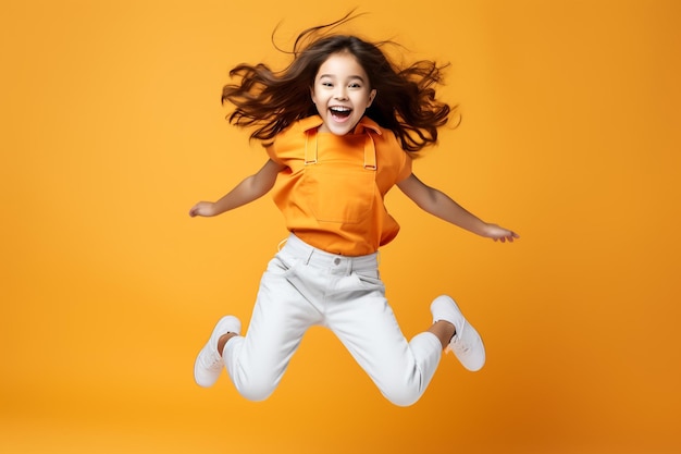 Photo portrait full body view of dark skin girl celebrating with raised fists jumping up isolated on