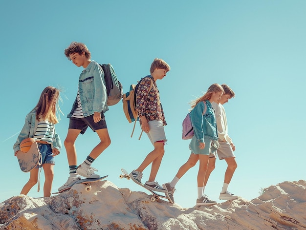 Photo portrait of a group of teenage school friends walking together under a clear sky