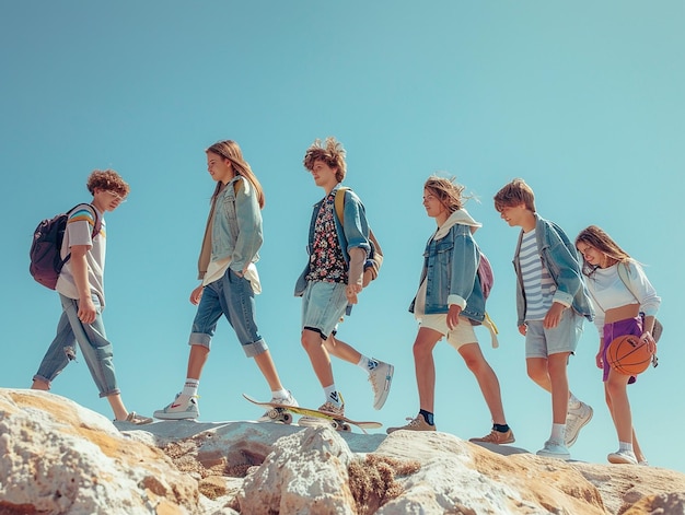 Photo portrait of a group of teenage school friends walking together under a clear sky