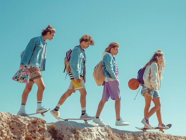 Photo portrait of a group of teenage school friends walking together under a clear sky