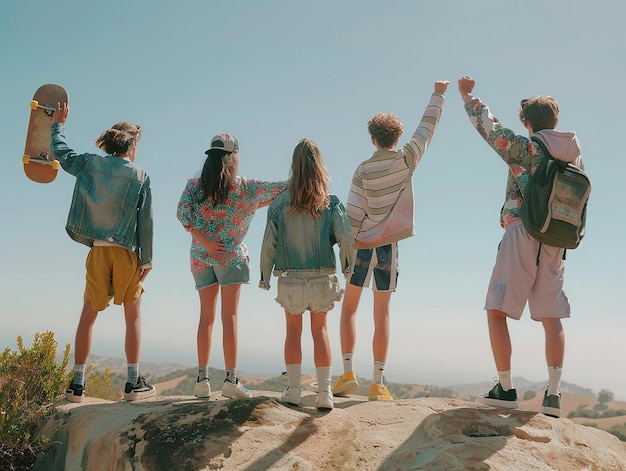 Photo portrait of a group of young children teenagers walking and skating along a rocky path