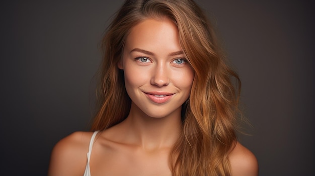 A photo portrait of a happy caucasian woman in studio light