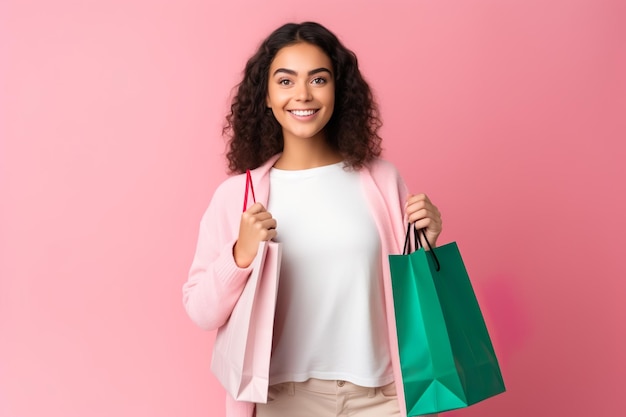 photo portrait of happy girl standing with colorful shopping bags in hands on minimalist theme