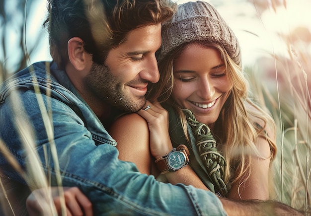 Photo photo portrait of a happy young lovely smiling couple in a close embrace with natural sunlight