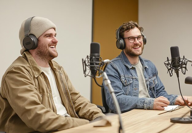 Photo photo portrait of laughing podcasters recording song in a cozy music room studio setting