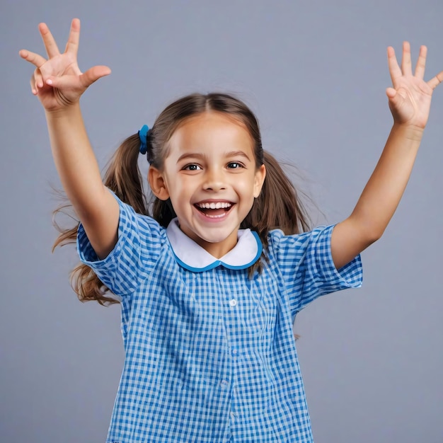 Photo portrait of little excited primary school girl