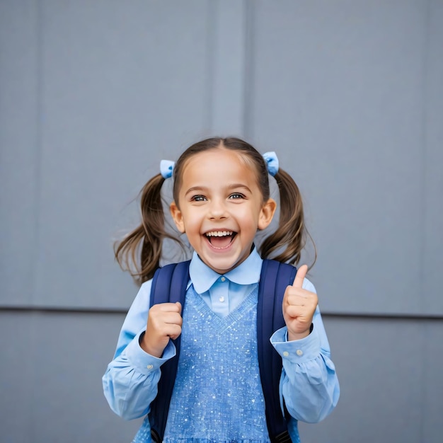 Photo portrait of little excited primary school girl