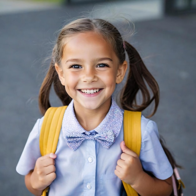 Photo portrait of little excited primary school girl