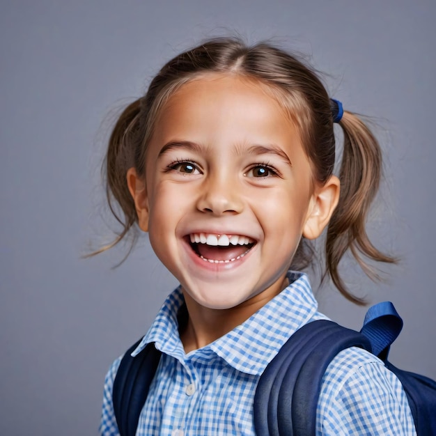 Photo portrait of little excited primary school girl