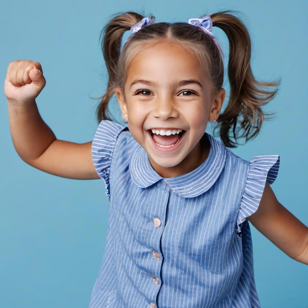 Photo portrait of little excited primary school girl