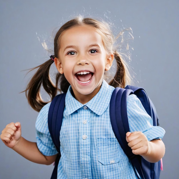 Photo portrait of little excited primary school girl