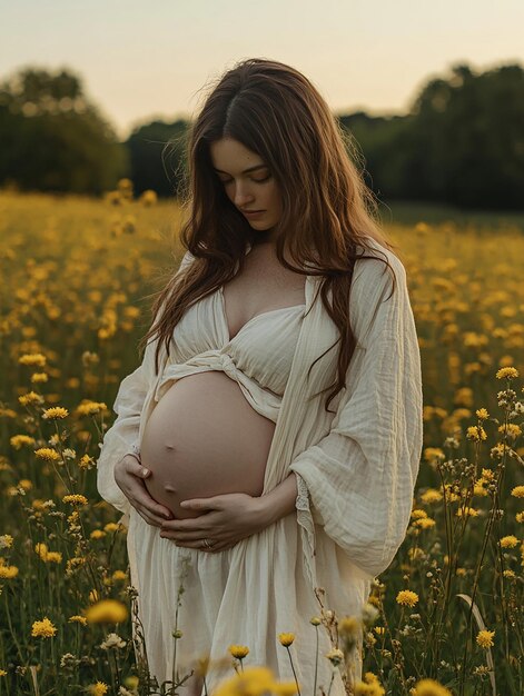 Photo photo portrait of a pregnant woman in a soft dress with belly baby bump