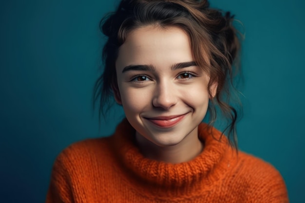 Photo portrait of pretty girl in orange sweater smiling isolated on bright teal color background