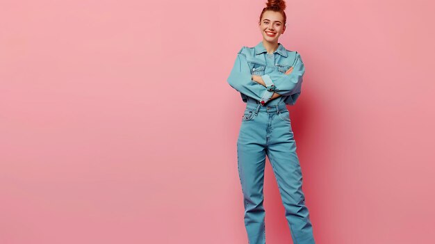 Photo photo portrait pretty young girl smiling trendy jeans outfit pink background